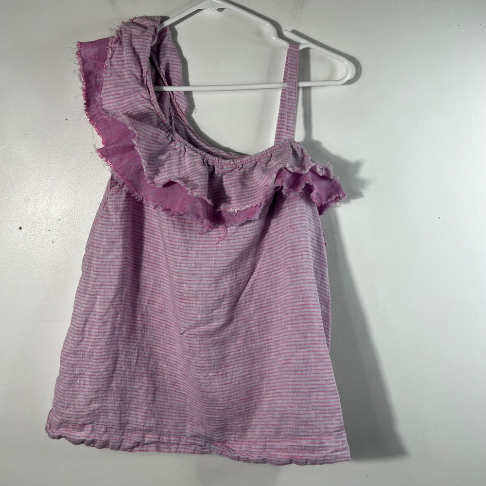 Holding Horses Striped Linen Off Shoulder Ruffle Lagenlook Top Pink Blue L